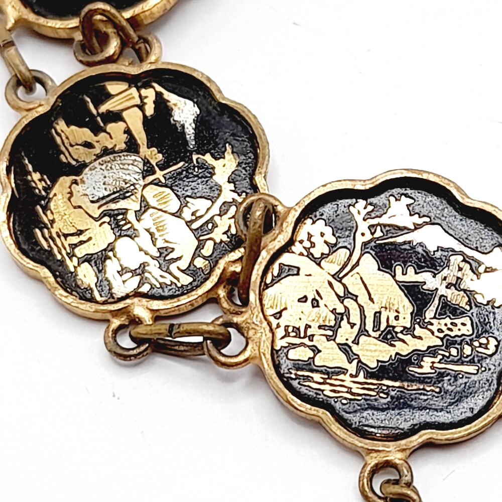 Vintage Japanese Damascene Bracelet Black Gold Inlay Scenic Links